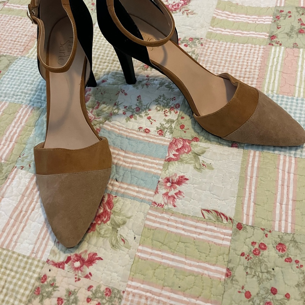 Franco Sarto Pointed Toe Ankle Strap Heels in Two-Tone Brown